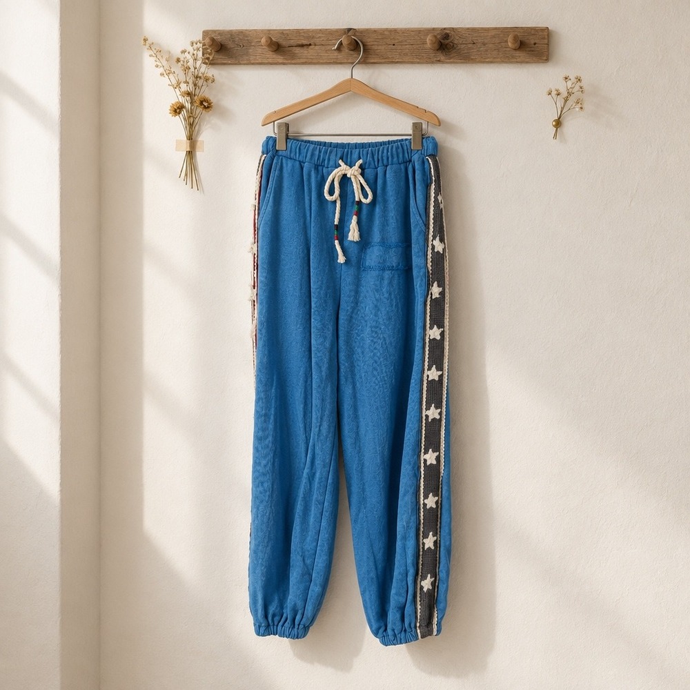 POL Clothing Blue Heavy Weight Jogger Sweatpants Star Lace Trim Boho Large